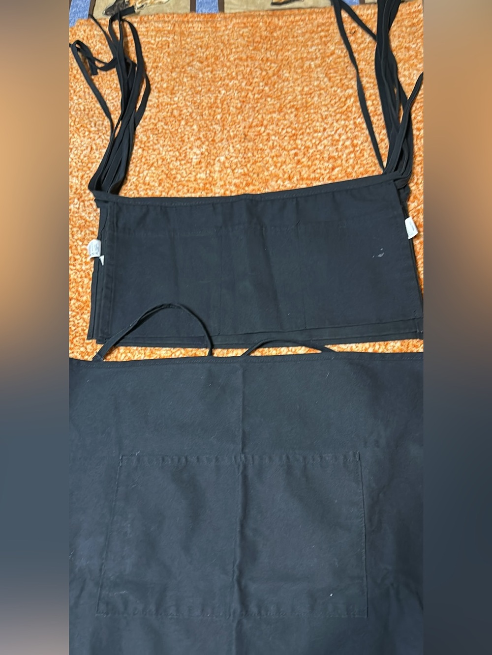 Lot of 7 Commercial Black Server Waist Aprons with Pockets (6 Short & 1 Long)